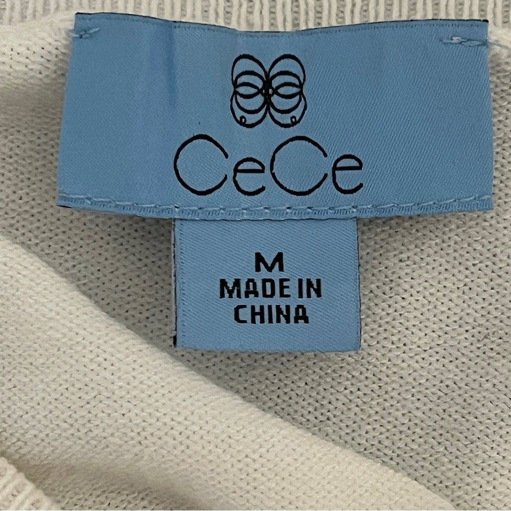 CeCe Crystal Bow Front Ruffle Cuff Sweater Top White Black Coquette Casual M - Picture 10 of 15
